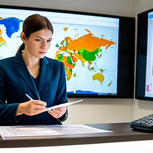 A professional female customs specialist, in a modest business suit, meticulously reviewing complex customs documents and tariff codes on a large screen in a modern, well-lit office environment. She holds a pen, focusing intently on the details, with stacks of organized paperwork on her desk. The background features a blurred map of global trade routes, highlighting the intricacies of international commerce. Perfect anatomy, correct proportions, natural pose, well-formed hands, proper finger count, professional photography, high quality, safe for work, appropriate content, fully clothed, professional dress.