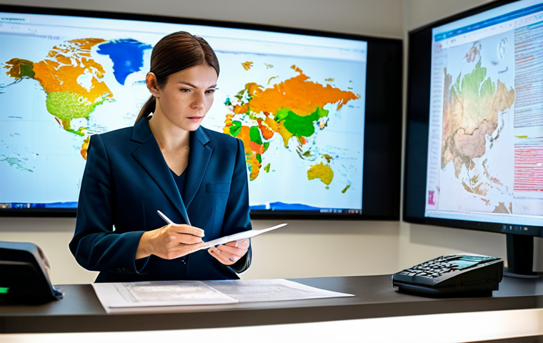 A professional female customs specialist, in a modest business suit, meticulously reviewing complex customs documents and tariff codes on a large screen in a modern, well-lit office environment. She holds a pen, focusing intently on the details, with stacks of organized paperwork on her desk. The background features a blurred map of global trade routes, highlighting the intricacies of international commerce. Perfect anatomy, correct proportions, natural pose, well-formed hands, proper finger count, professional photography, high quality, safe for work, appropriate content, fully clothed, professional dress.