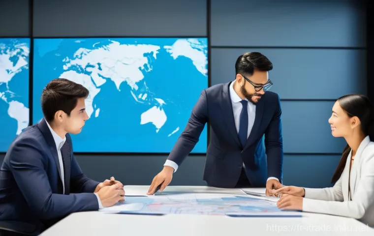 무역회사이직 - **Prompt:** A diverse group of international trade professionals, consisting of men and women of var...