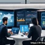 국제무역학과교과목 - **Prompt:** A dynamic, high-tech office environment where a diverse team of international business p...