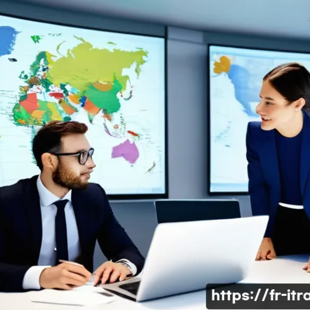 국제무역인턴십기회 - A modern international trade office scene showing a diverse group of professionals—men and women in ...