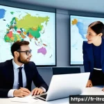 국제무역인턴십기회 - A modern international trade office scene showing a diverse group of professionals—men and women in ...