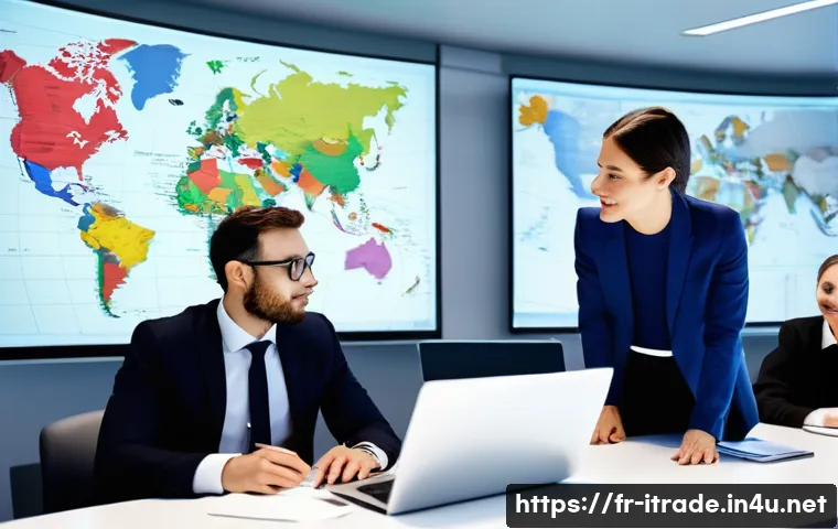 국제무역인턴십기회 - A modern international trade office scene showing a diverse group of professionals—men and women in ...