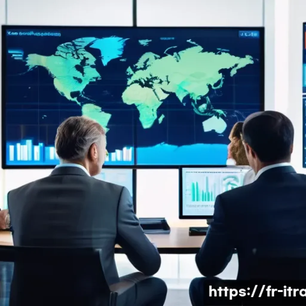 무역경력쌓는방법 - A detailed professional office scene showing a diverse group of international businesspeople engaged...