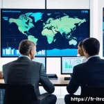 무역경력쌓는방법 - A detailed professional office scene showing a diverse group of international businesspeople engaged...