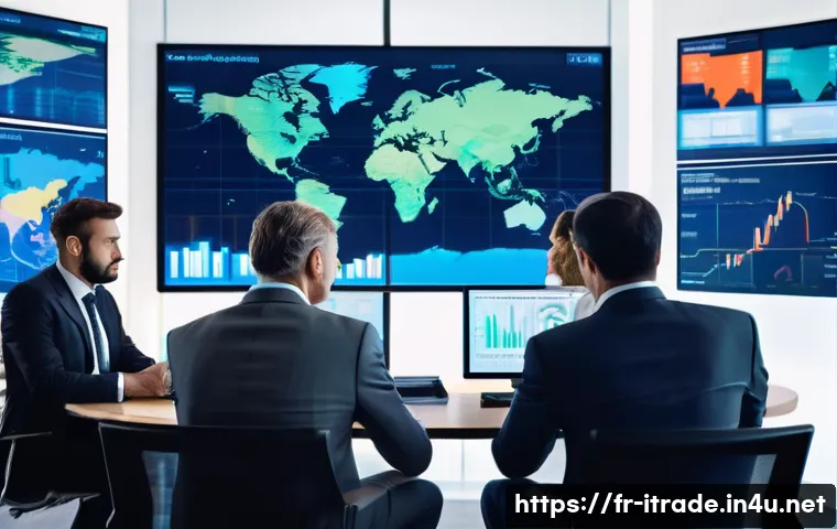 무역경력쌓는방법 - A detailed professional office scene showing a diverse group of international businesspeople engaged...