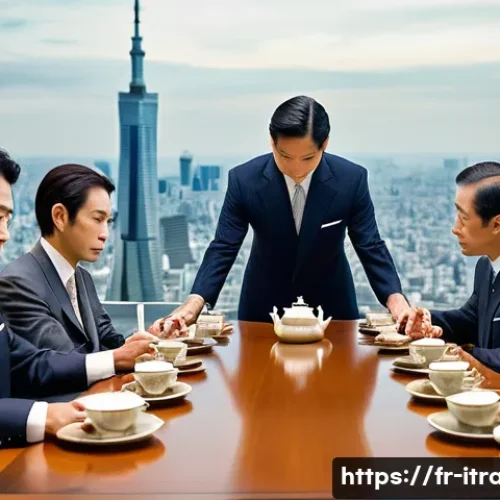 무역사례연구 - A sophisticated international business meeting set in a modern Tokyo skyscraper conference room, fea...