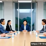 무역사례보고서 - A professional international business negotiation scene showing a diverse group of businesspeople fr...