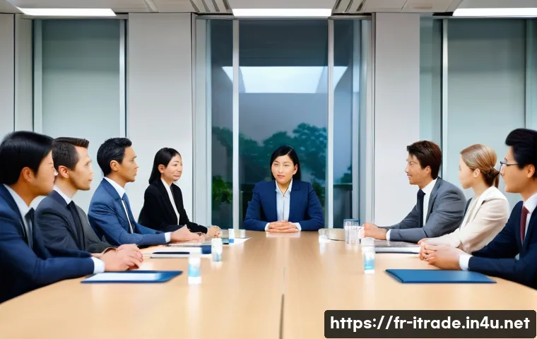 무역사례보고서 - A professional international business negotiation scene showing a diverse group of businesspeople fr...