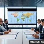 국제무역취업가이드 - A modern international business meeting scene set in a bright, sleek office in Paris, featuring dive...