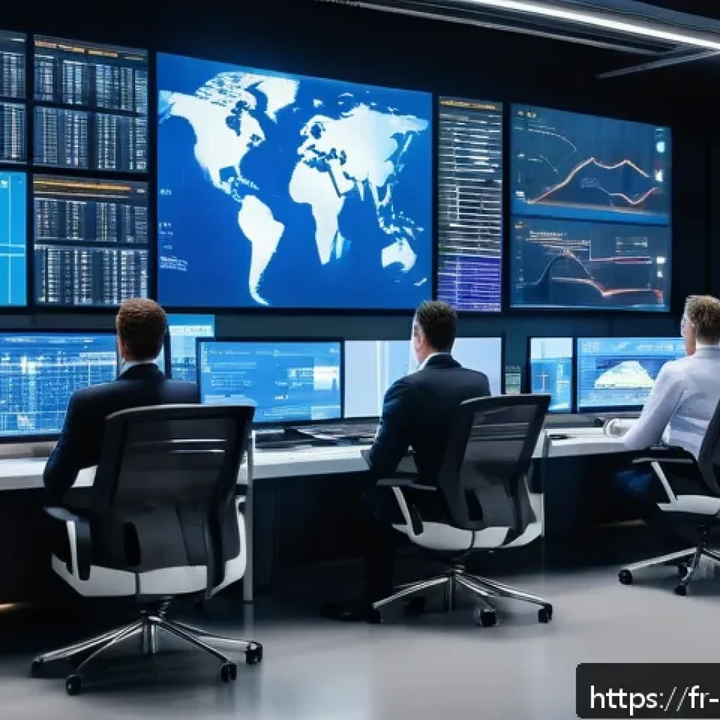 무역실무강의 - A modern international logistics control room with large digital screens displaying global supply ch...