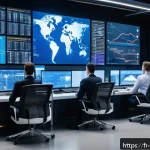 무역실무강의 - A modern international logistics control room with large digital screens displaying global supply ch...
