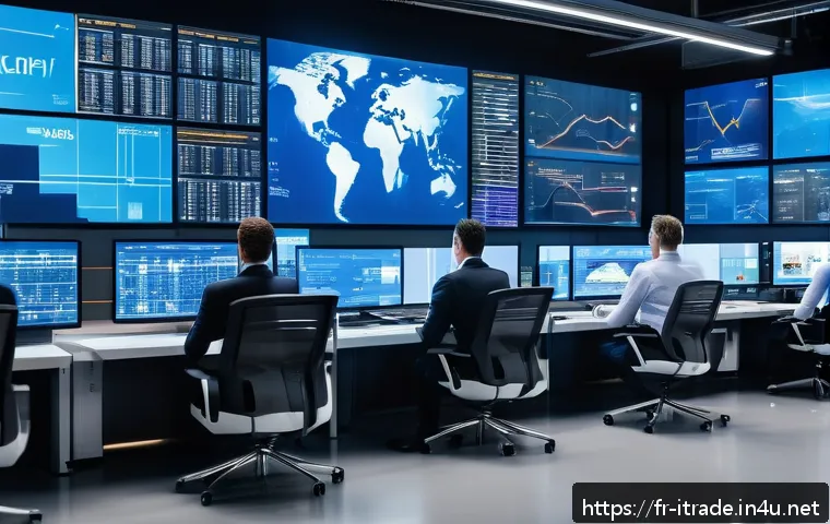 무역실무강의 - A modern international logistics control room with large digital screens displaying global supply ch...