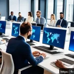 무역자격증갱신 - A modern, bright office scene showing a diverse group of international business professionals attend...