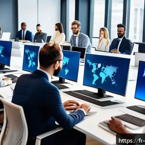 무역자격증갱신 - A modern, bright office scene showing a diverse group of international business professionals attend...