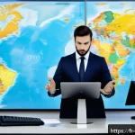 국제무역실무자격증 - A professional international trade expert at a modern office desk, surrounded by multiple digital sc...