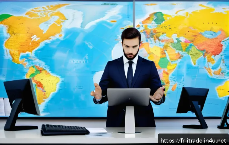 국제무역실무자격증 - A professional international trade expert at a modern office desk, surrounded by multiple digital sc...