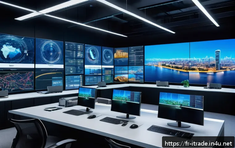국제무역학습자료 - A modern international logistics control room featuring diverse professionals analyzing global trade...
