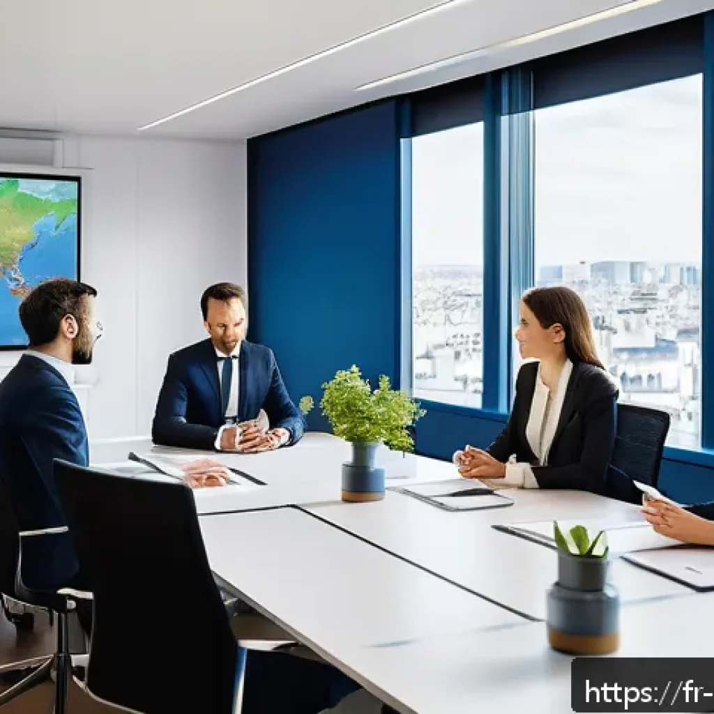 무역이론과실무연습 - A detailed business meeting scene in a modern French office, showing diverse international professio...