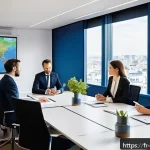 무역이론과실무연습 - A detailed business meeting scene in a modern French office, showing diverse international professio...