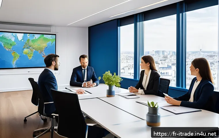 무역이론과실무연습 - A detailed business meeting scene in a modern French office, showing diverse international professio...